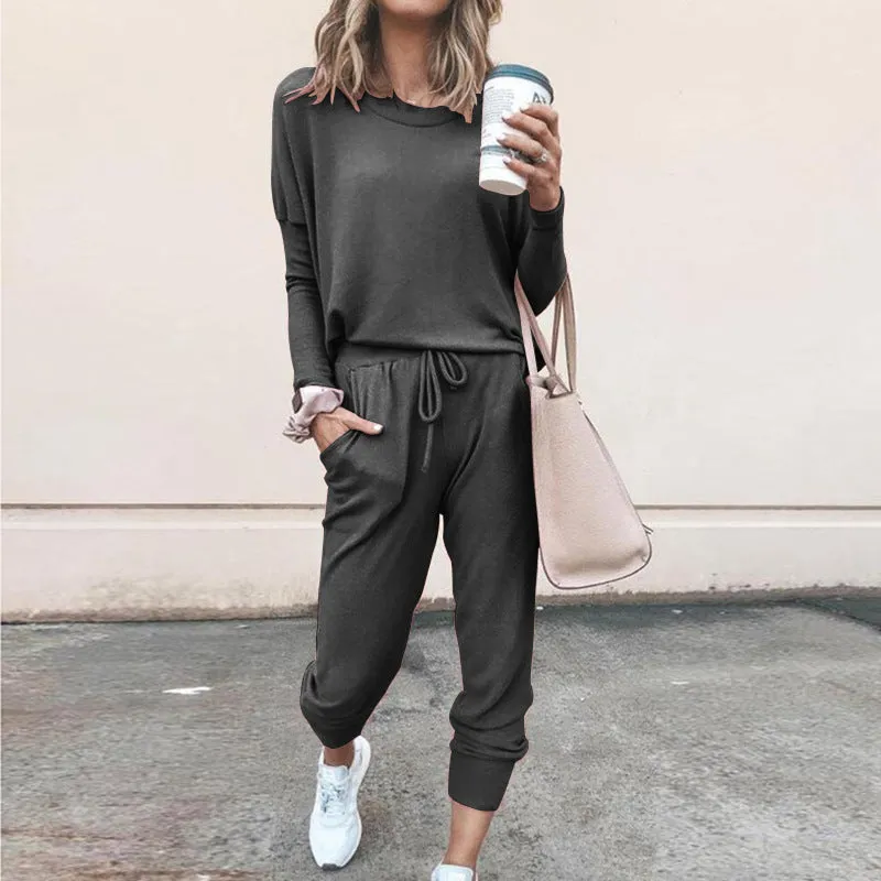 Round Collar Lace-up Long Sleeve Casual Two-piece Sport Set Home Workout Fitness Home Outfit