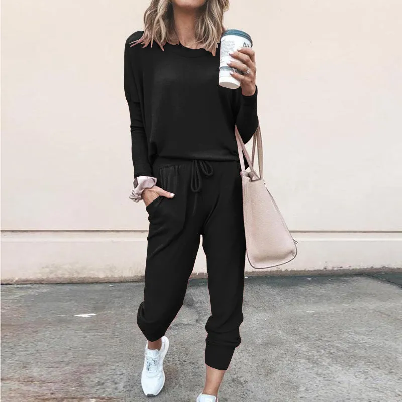 Round Collar Lace-up Long Sleeve Casual Two-piece Sport Set Home Workout Fitness Home Outfit