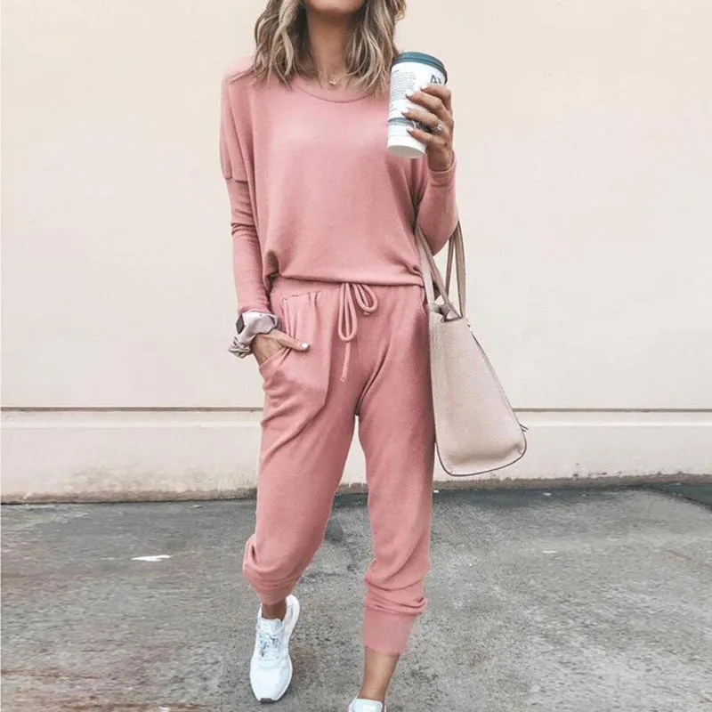 Round Collar Lace-up Long Sleeve Casual Two-piece Sport Set Home Workout Fitness Home Outfit
