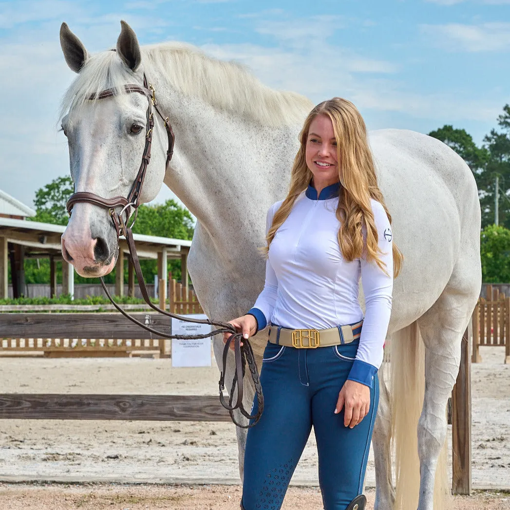Roxana - White & Cadet Blue Long Sleeve Riding Shirt
