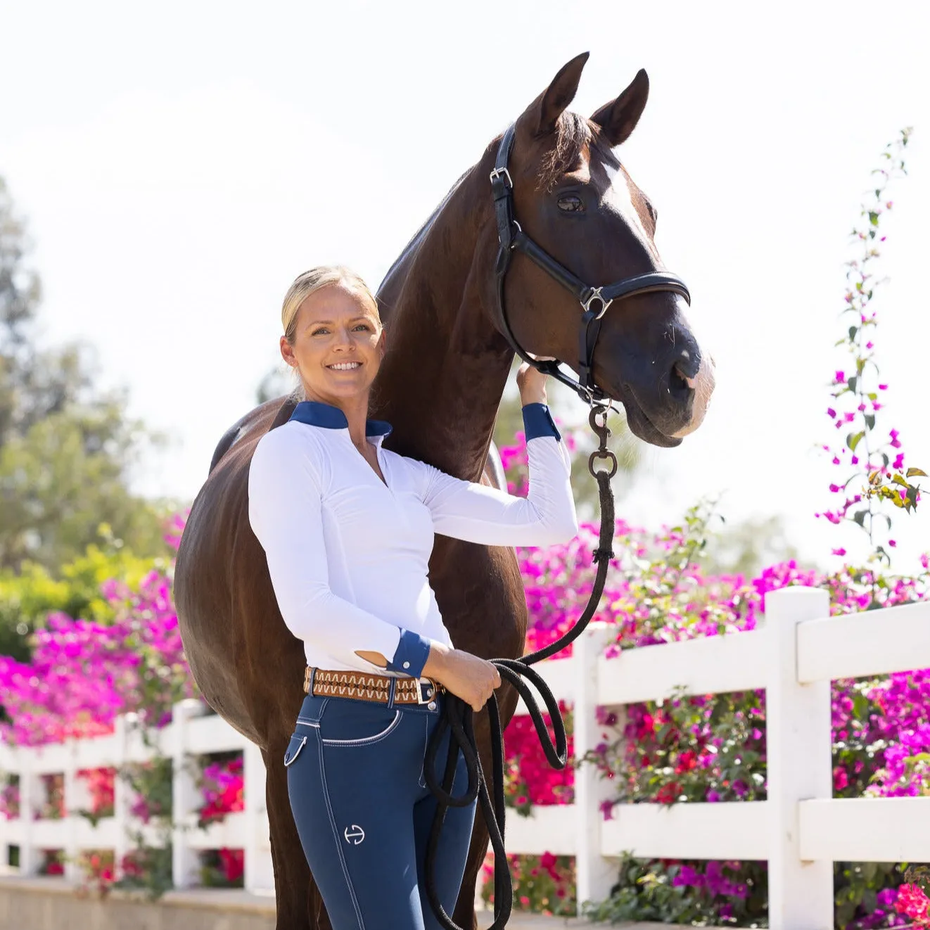 Roxana - White & Cadet Blue Long Sleeve Riding Shirt