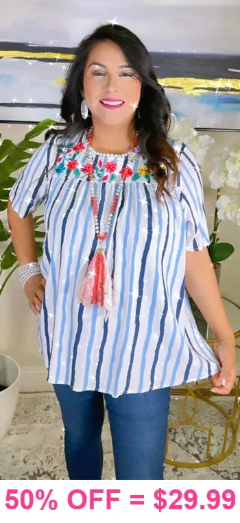 S, M : Striped blouse with floral embroidery - Loose Fit