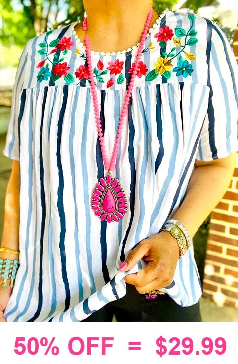 S, M : Striped blouse with floral embroidery - Loose Fit