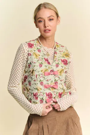 Sage   Pink Jacquard Floral Bow Vest
