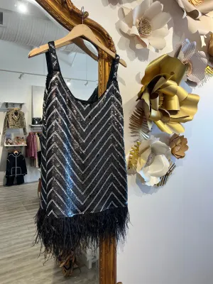 SALE Black Sequin Dress with Feathers