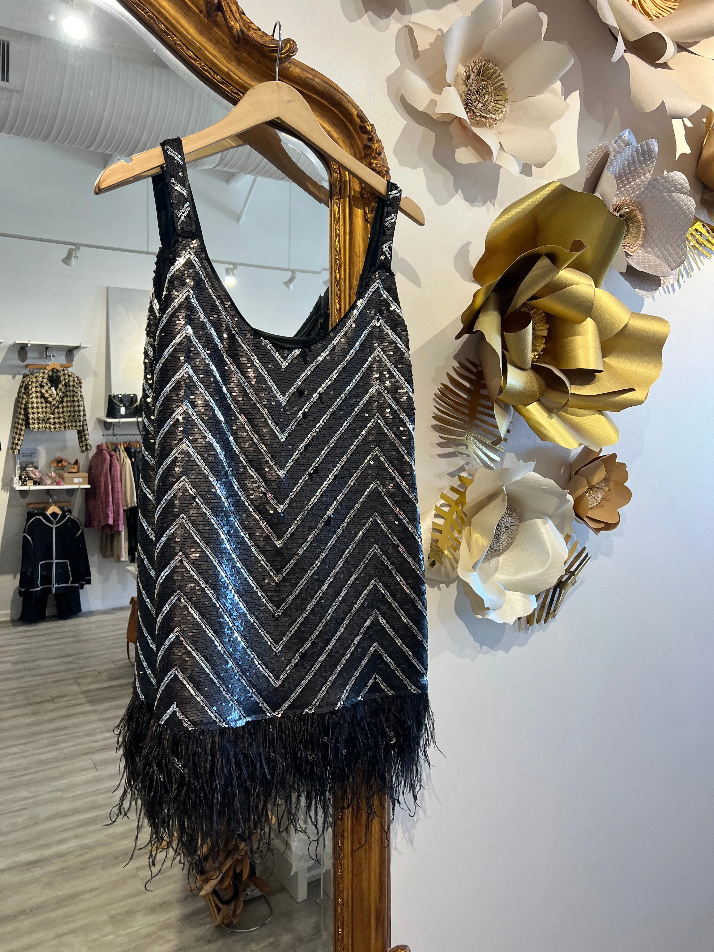 SALE Black Sequin Dress with Feathers