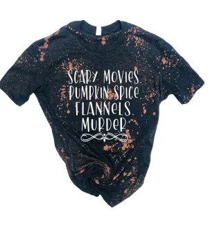 Scary Movies Pumpkin Spice Flannels Murder Shirt | Halloween Bleached Tee | Unisex Crew