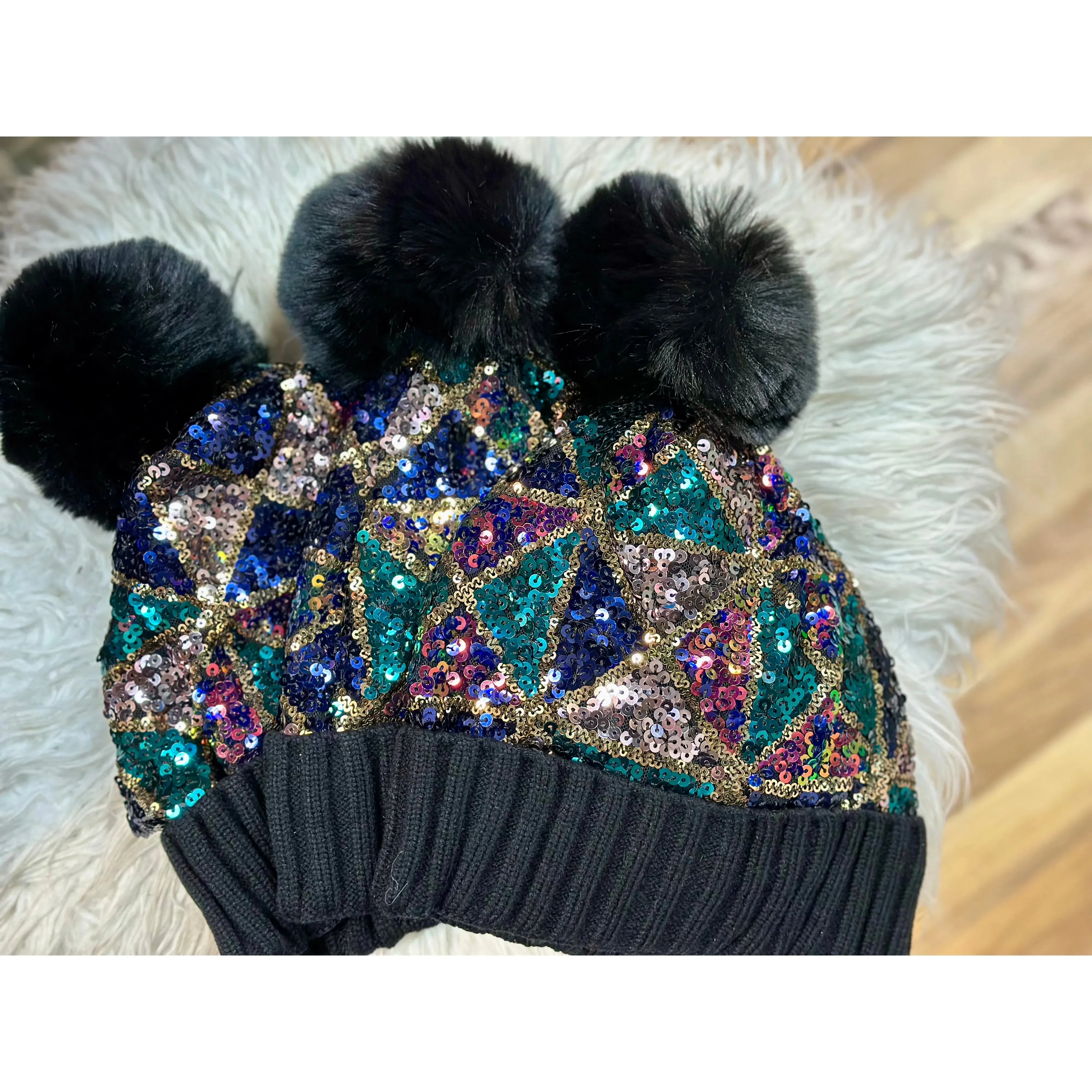 Sequin Black Multi Beanie