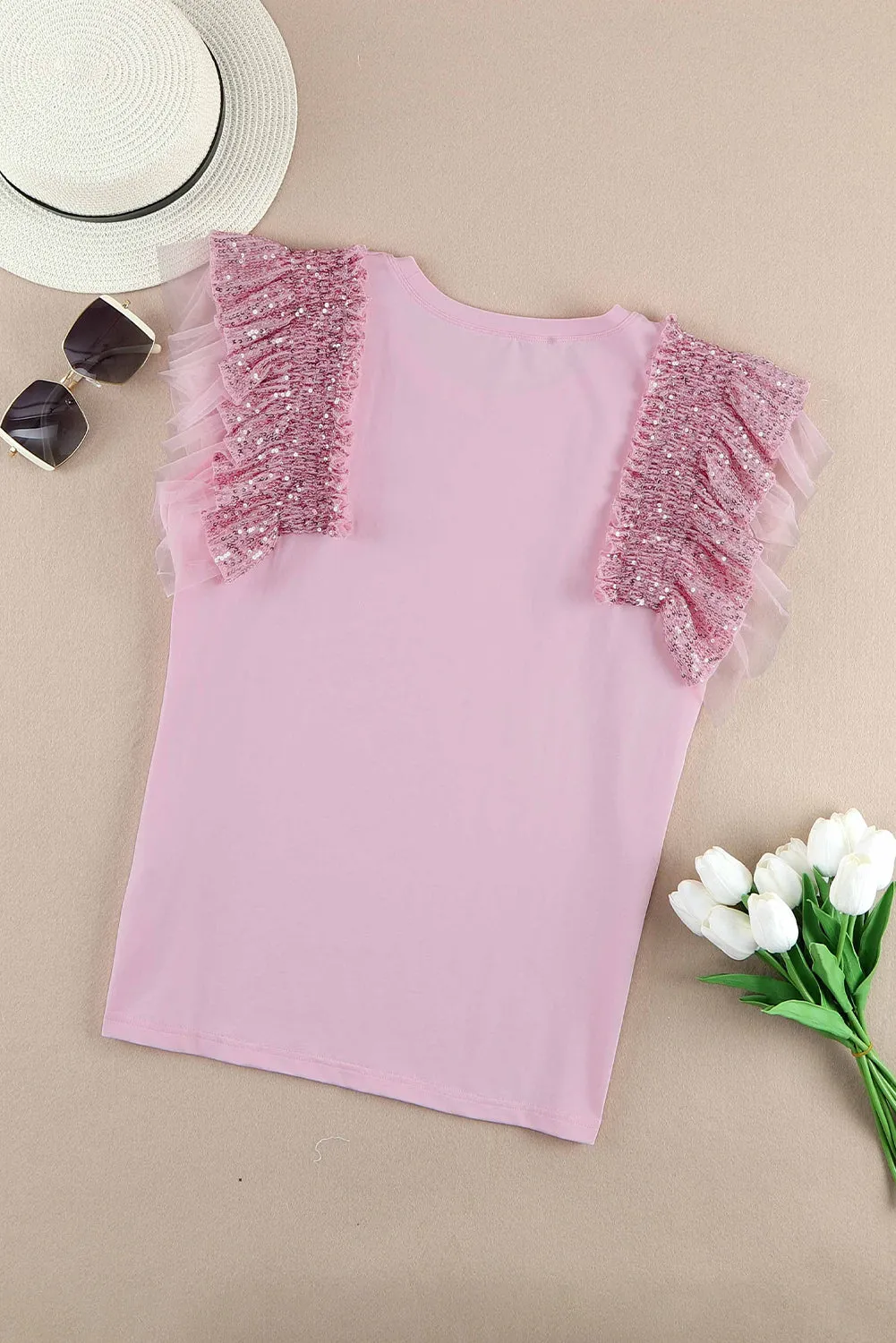 Sequined Ruffle Mesh Sleeves Top