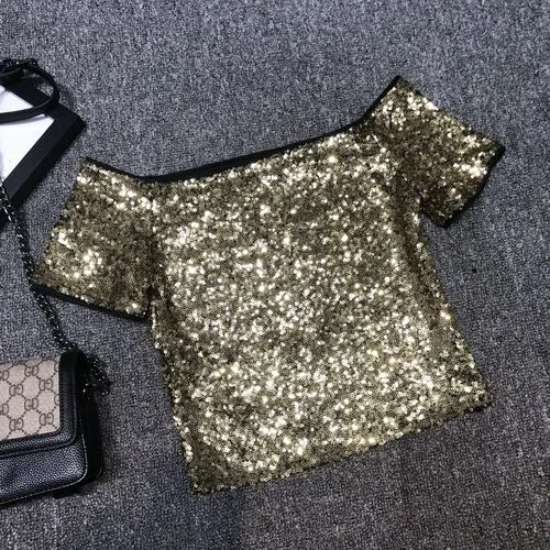 Sexy Shoulders A Word Sequins T-shirt