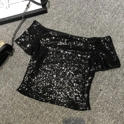 Sexy Shoulders A Word Sequins T-shirt
