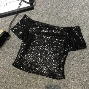 Sexy Shoulders A Word Sequins T-shirt
