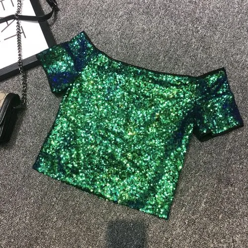 Sexy Shoulders A Word Sequins T-shirt