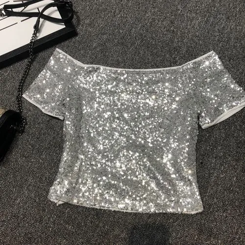 Sexy Shoulders A Word Sequins T-shirt