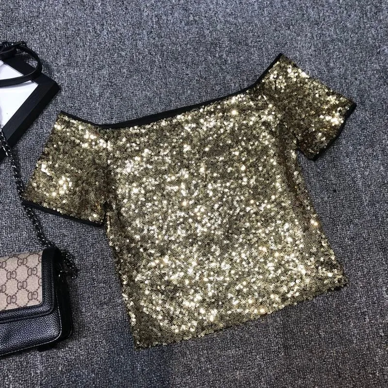 Sexy Shoulders A Word Sequins T-shirt