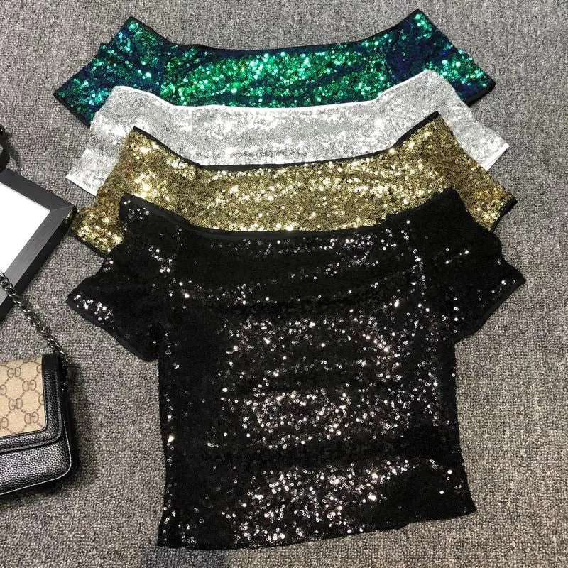 Sexy Shoulders A Word Sequins T-shirt