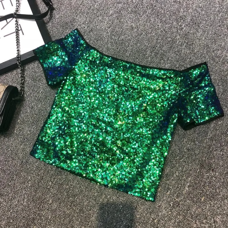 Sexy Shoulders A Word Sequins T-shirt