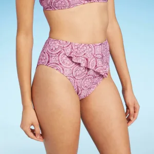 Shade & Shore Asymmetrical Ruffle Front High Waist Cheeky Bikini Bottom