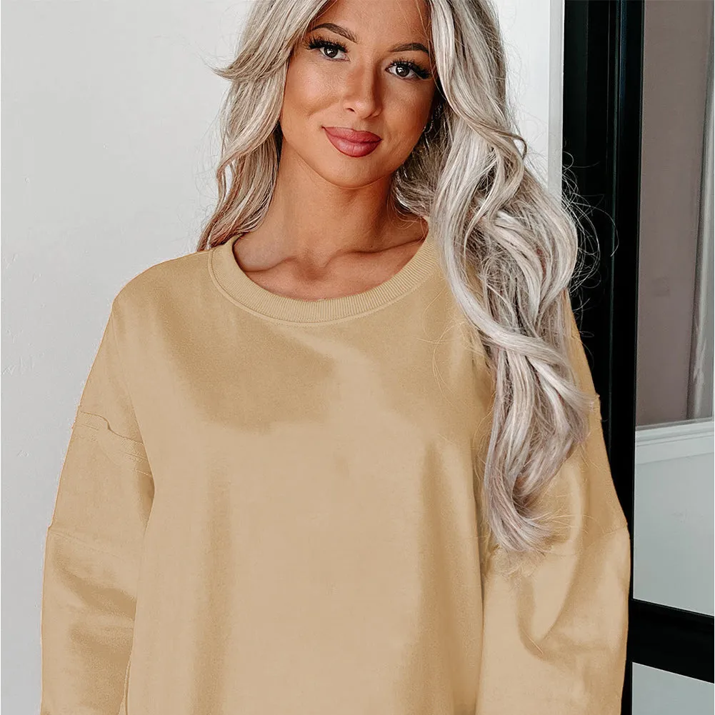 Side Slit Round Neck Long Sleeve Sweatshirt