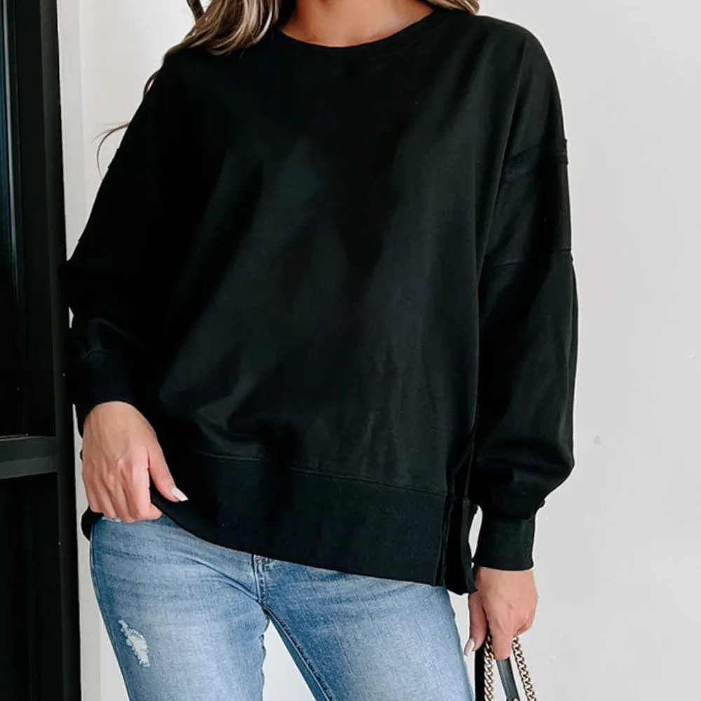 Side Slit Round Neck Long Sleeve Sweatshirt