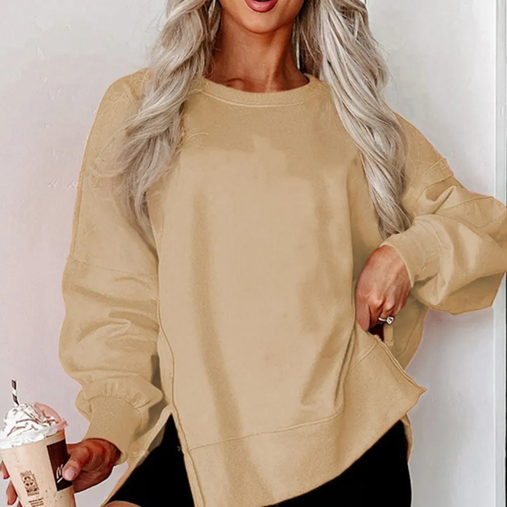 Side Slit Round Neck Long Sleeve Sweatshirt