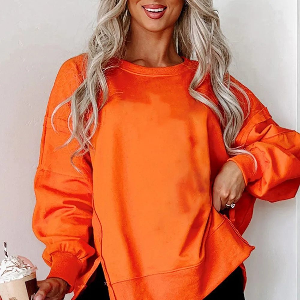 Side Slit Round Neck Long Sleeve Sweatshirt