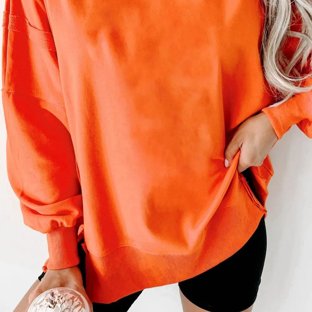 Side Slit Round Neck Long Sleeve Sweatshirt