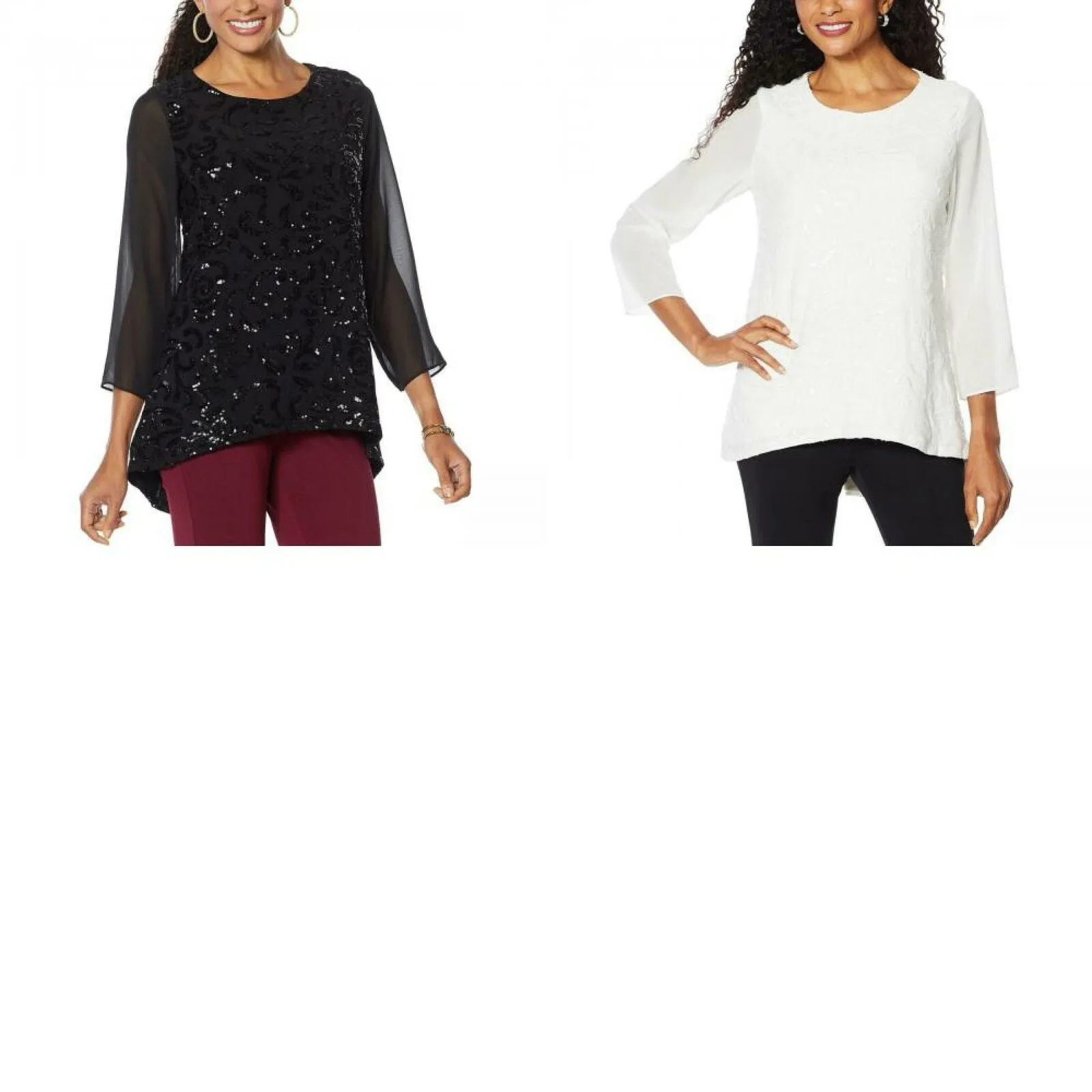 Slinky Brand Women's 3/4-Sleeve Embroidered Sequin Tunic Blouse