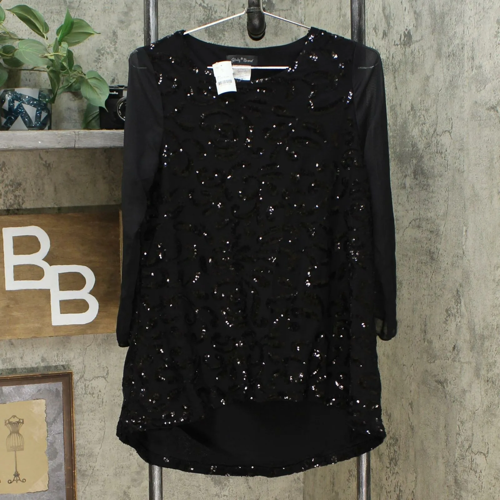 Slinky Brand Women's 3/4-Sleeve Embroidered Sequin Tunic Blouse