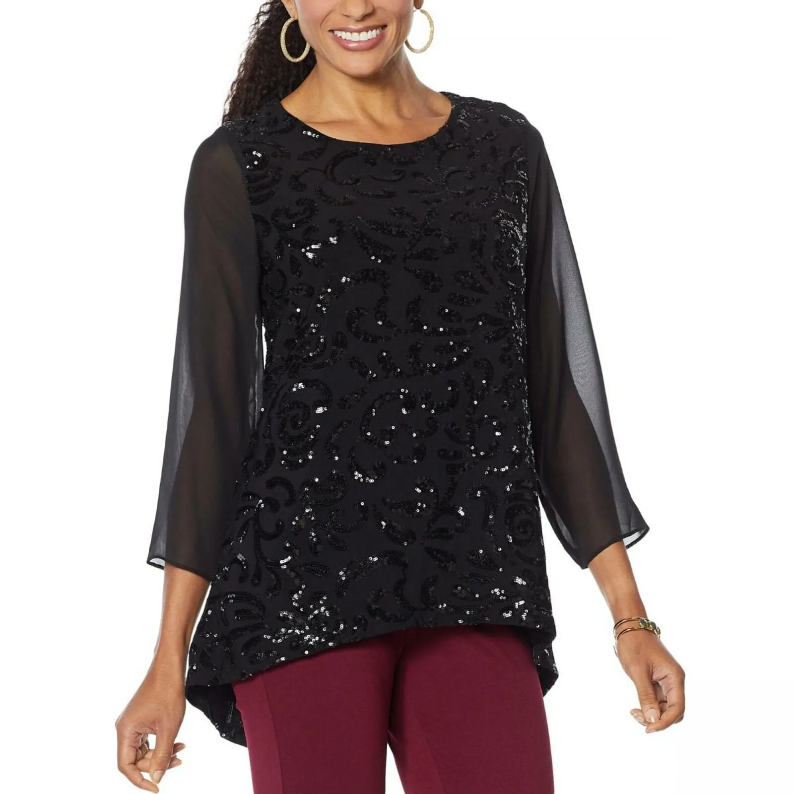 Slinky Brand Women's 3/4-Sleeve Embroidered Sequin Tunic Blouse
