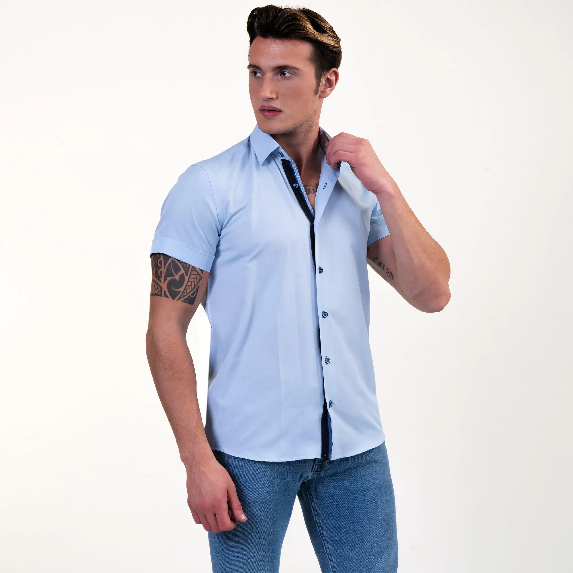 Soft Light Blue Mens Short Sleeve Button up Shirts - Tailored Slim Fit Cotton Dress Shirts