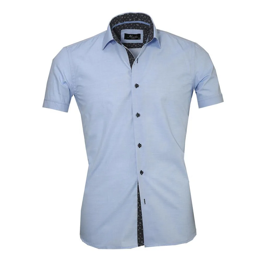 Solid Light Blue Mens Short Sleeve Button up Shirts - Tailored Slim Fit Cotton Dress Shirts