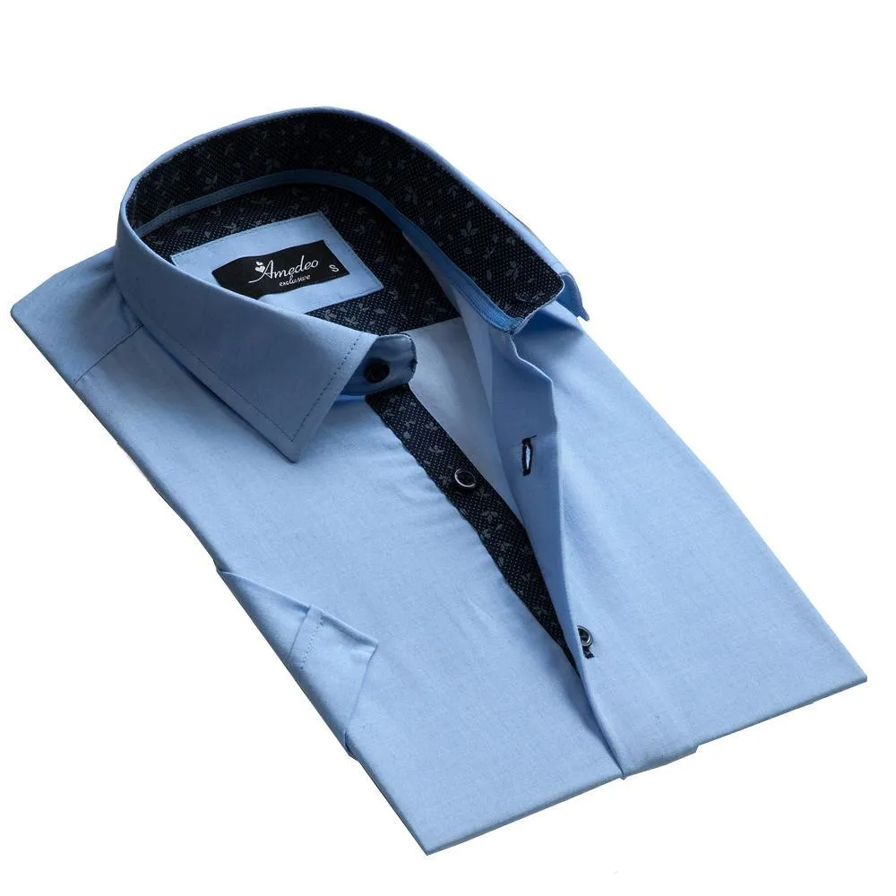 Solid Light Blue Mens Short Sleeve Button up Shirts - Tailored Slim Fit Cotton Dress Shirts