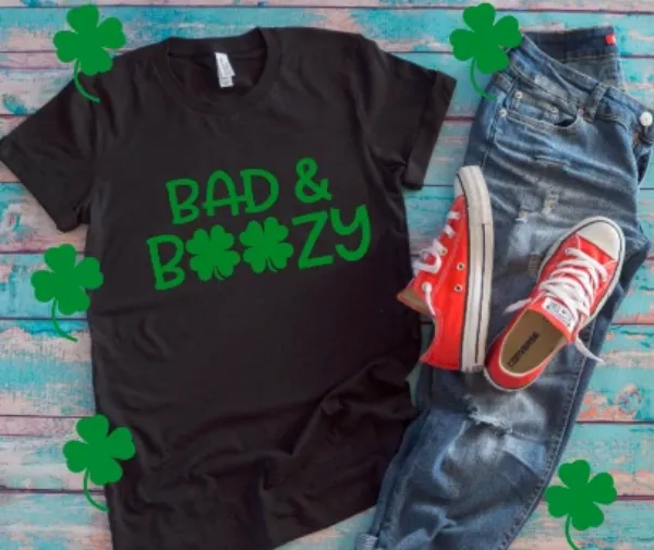 St. Patrick's Day, Bad and Boozy, Black Unisex Short Sleeve T-shirt
