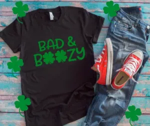 St. Patrick's Day, Bad and Boozy, Black Unisex Short Sleeve T-shirt