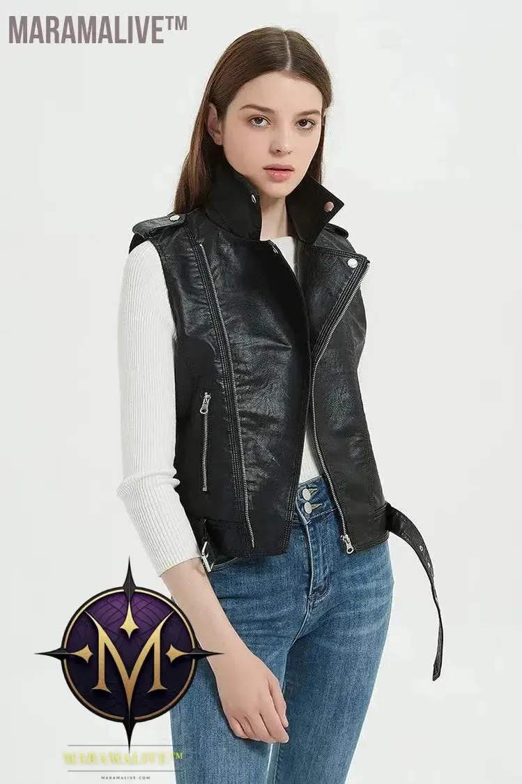 Streetwear Women Soft PU Vest Female Plus Size 5XL Faux Sheepskin Lapel Coat Moto Biker Waistcoat Sleeveless Leather Jacket