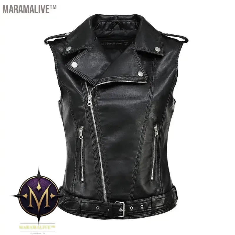 Streetwear Women Soft PU Vest Female Plus Size 5XL Faux Sheepskin Lapel Coat Moto Biker Waistcoat Sleeveless Leather Jacket