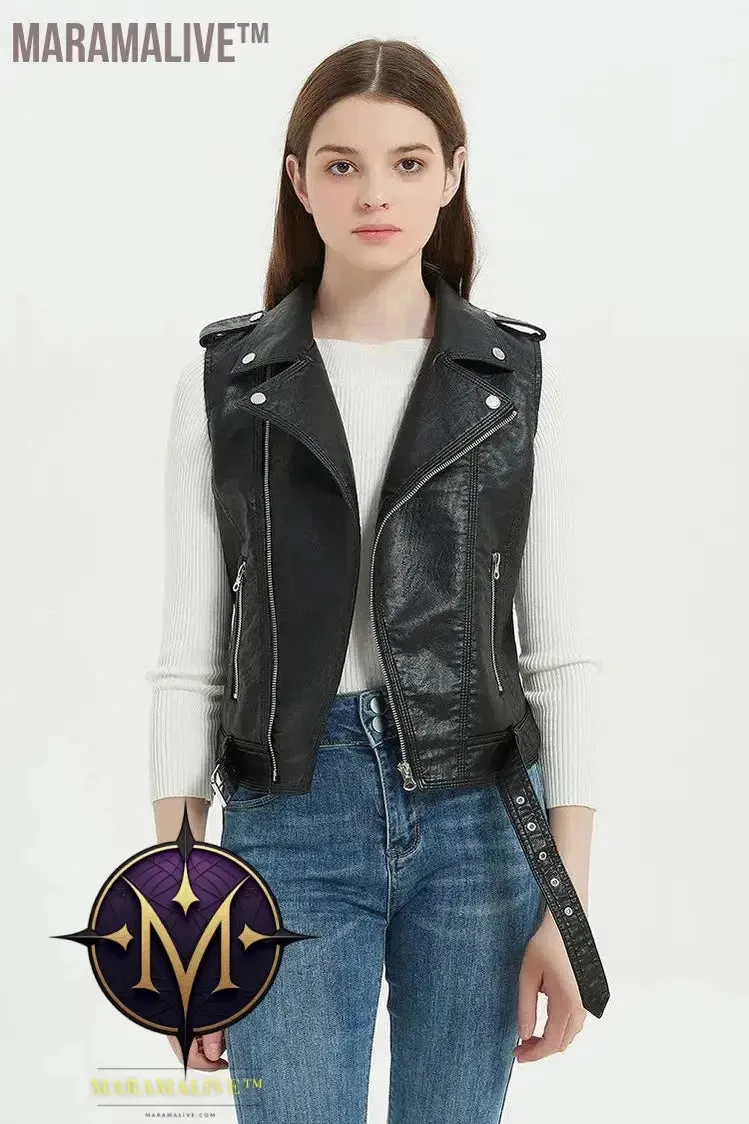 Streetwear Women Soft PU Vest Female Plus Size 5XL Faux Sheepskin Lapel Coat Moto Biker Waistcoat Sleeveless Leather Jacket