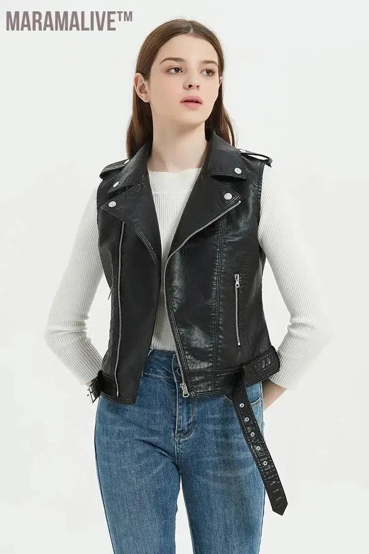 Streetwear Women Soft PU Vest Female Plus Size 5XL Faux Sheepskin Lapel Coat Moto Biker Waistcoat Sleeveless Leather Jacket