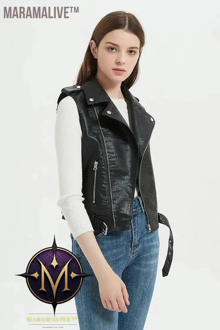 Streetwear Women Soft PU Vest Female Plus Size 5XL Faux Sheepskin Lapel Coat Moto Biker Waistcoat Sleeveless Leather Jacket