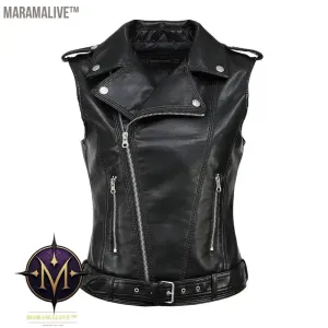 Streetwear Women Soft PU Vest Female Plus Size 5XL Faux Sheepskin Lapel Coat Moto Biker Waistcoat Sleeveless Leather Jacket