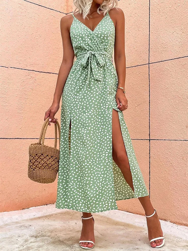 Summer Floral Print Long Dress Sexy Backless Bandage Slit Beach Sundresses