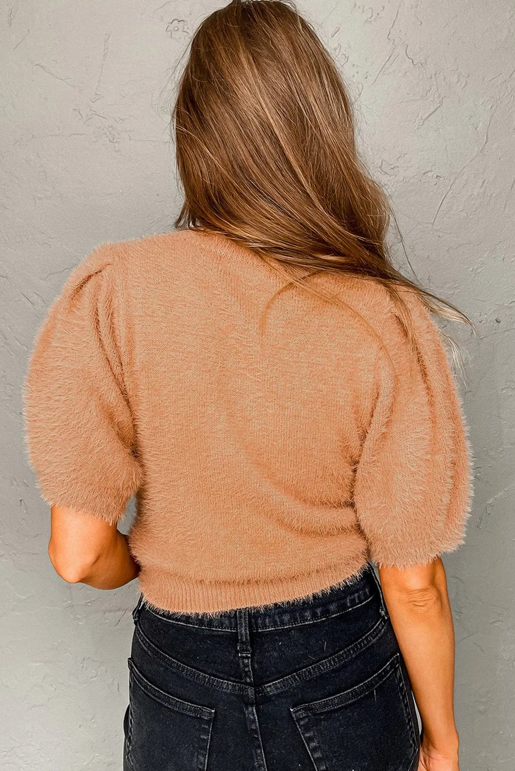 Tan Fuzzy Short Sleeve Women's Sweater