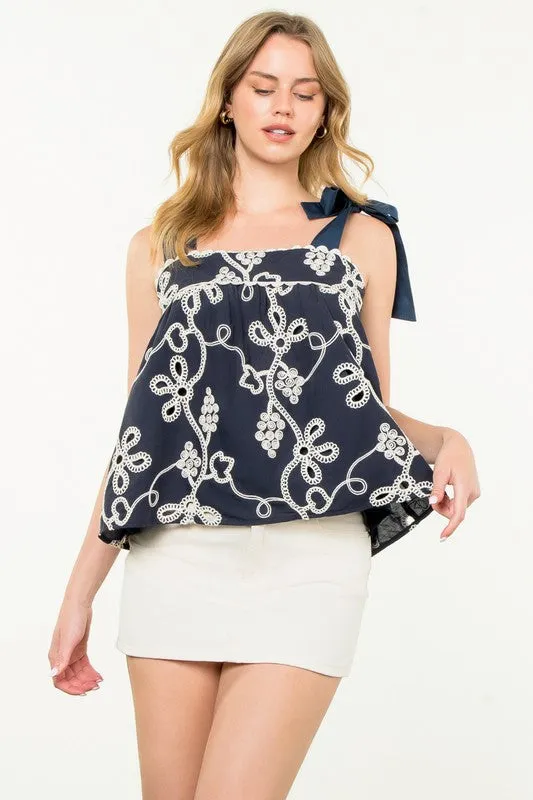 Tie Strap Embroidered Detail Top