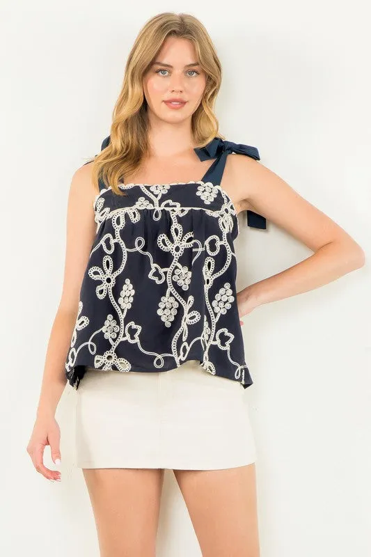 Tie Strap Embroidered Detail Top