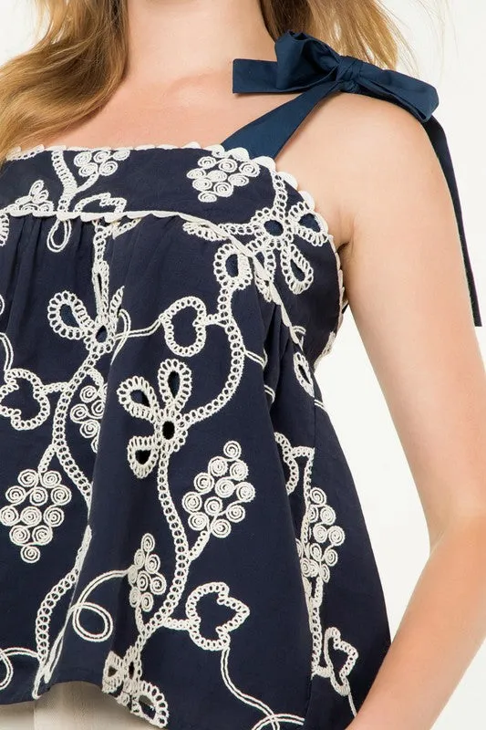 Tie Strap Embroidered Detail Top