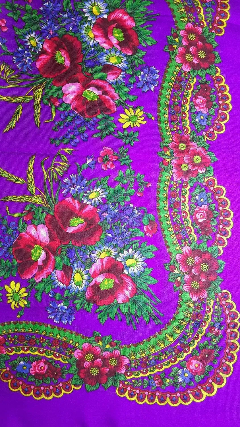 Traditional Polish Ukrainian Folk Cotton Head Scarf - Purple
