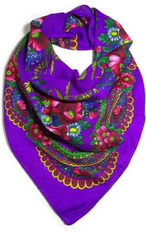Traditional Polish Ukrainian Folk Cotton Head Scarf - Purple