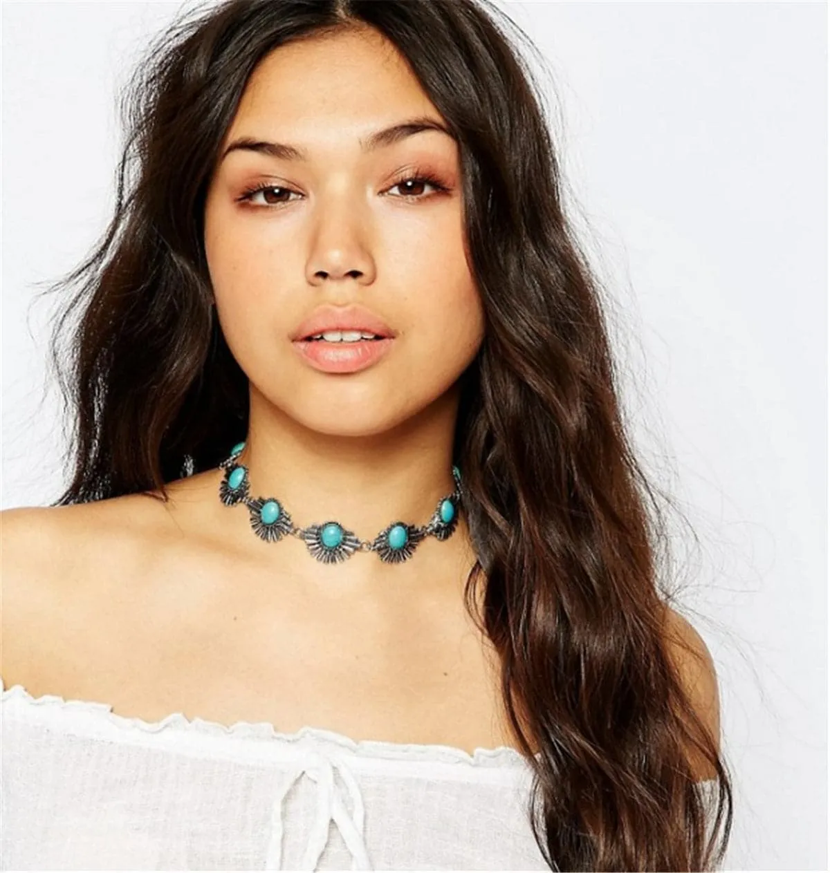 Turquoise & Silver-Plated Geometric Choker Necklace