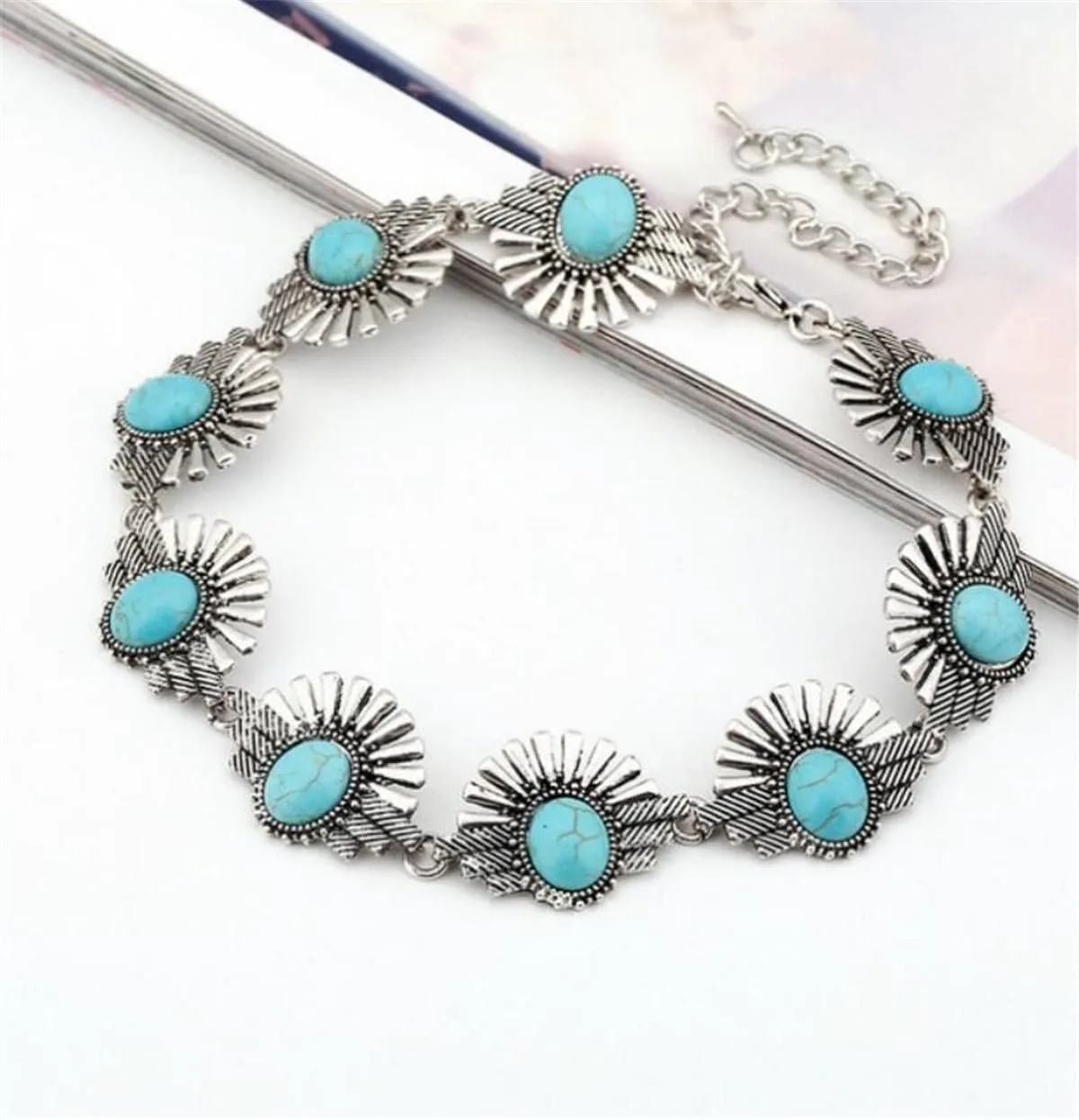 Turquoise & Silver-Plated Geometric Choker Necklace